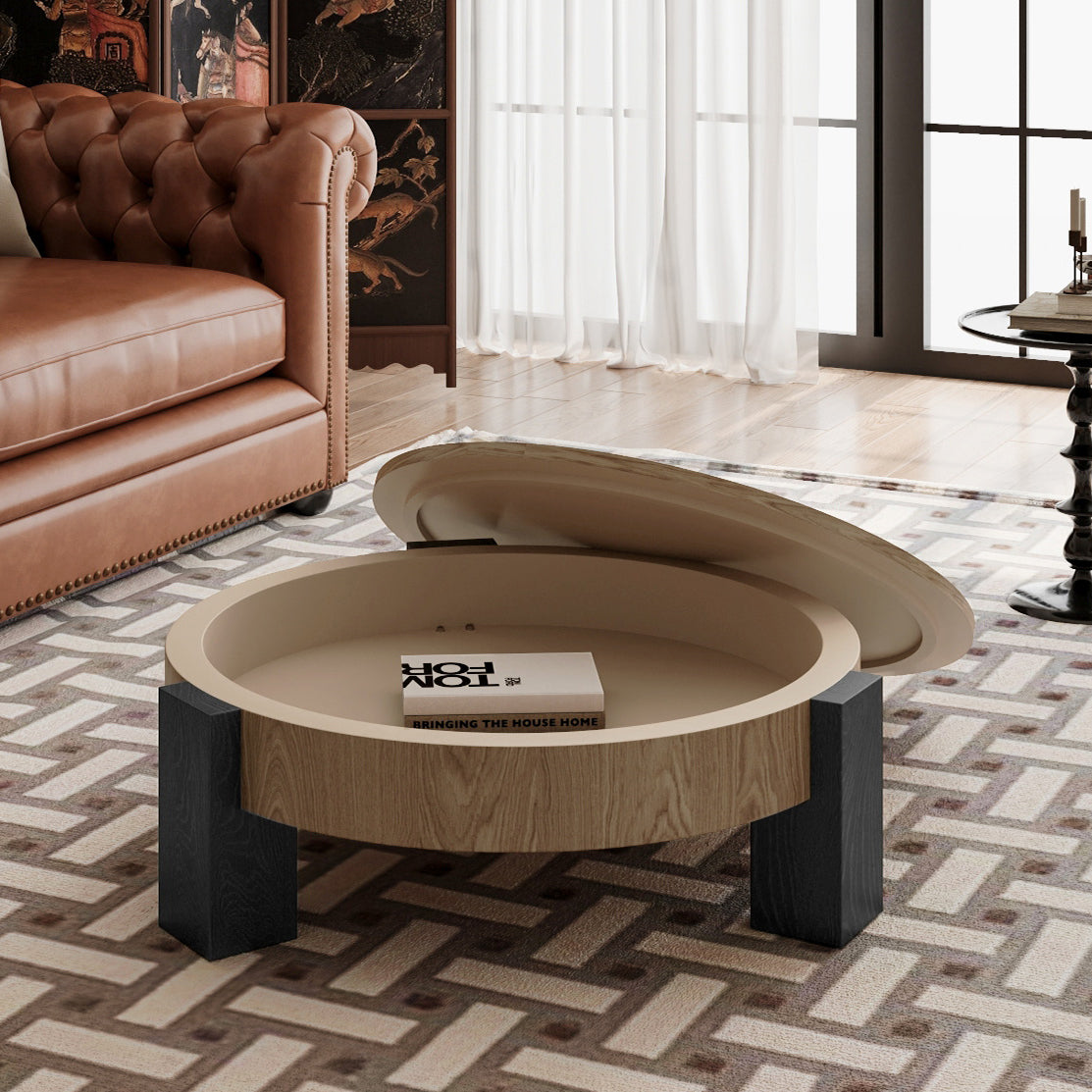 Natural and Black Round Parquet Coffee Table with Storage, 33.1 in