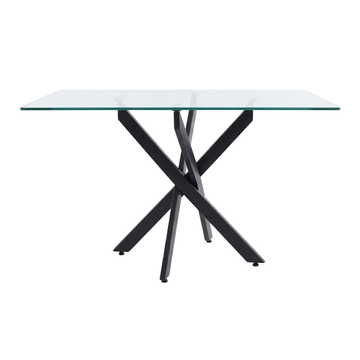 Straight-on view of the glass tabletop and black X-legs on a white background