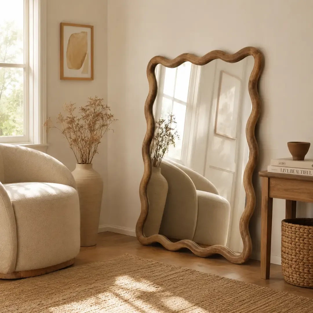 Wavy Wood Wall Mirror, 36 x 48 in, Natural Finish