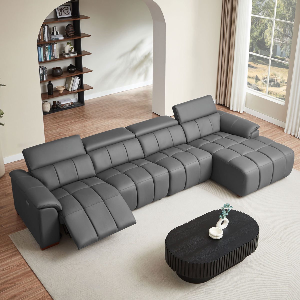 Dark Gray Genuine Leather Reclining Sectional, 144.9 in, Right-Facing