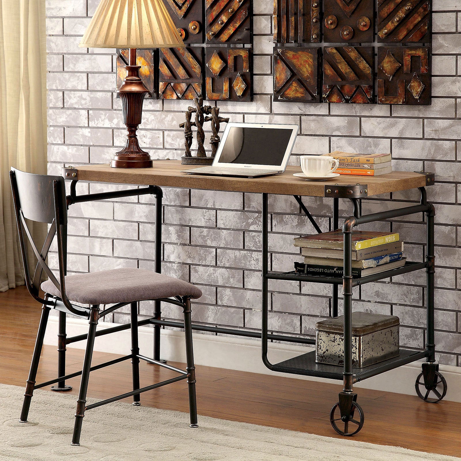 Industrial Computer Desk, Rolling, 47.3 in, Antique Black