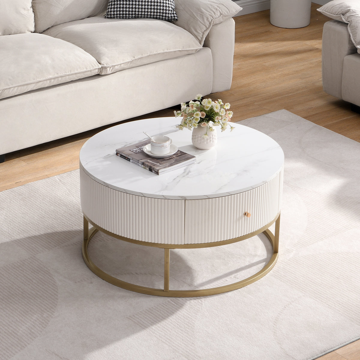 White and Gold Faux Marble Round Fluted Coffee Table with Drawers, 31.5 in