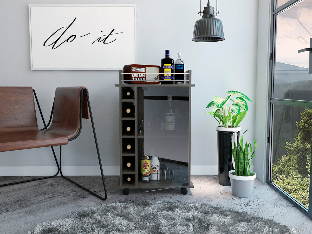Espresso Bar Cart with Wine Rack, Glass-Door Cabinet & Casters