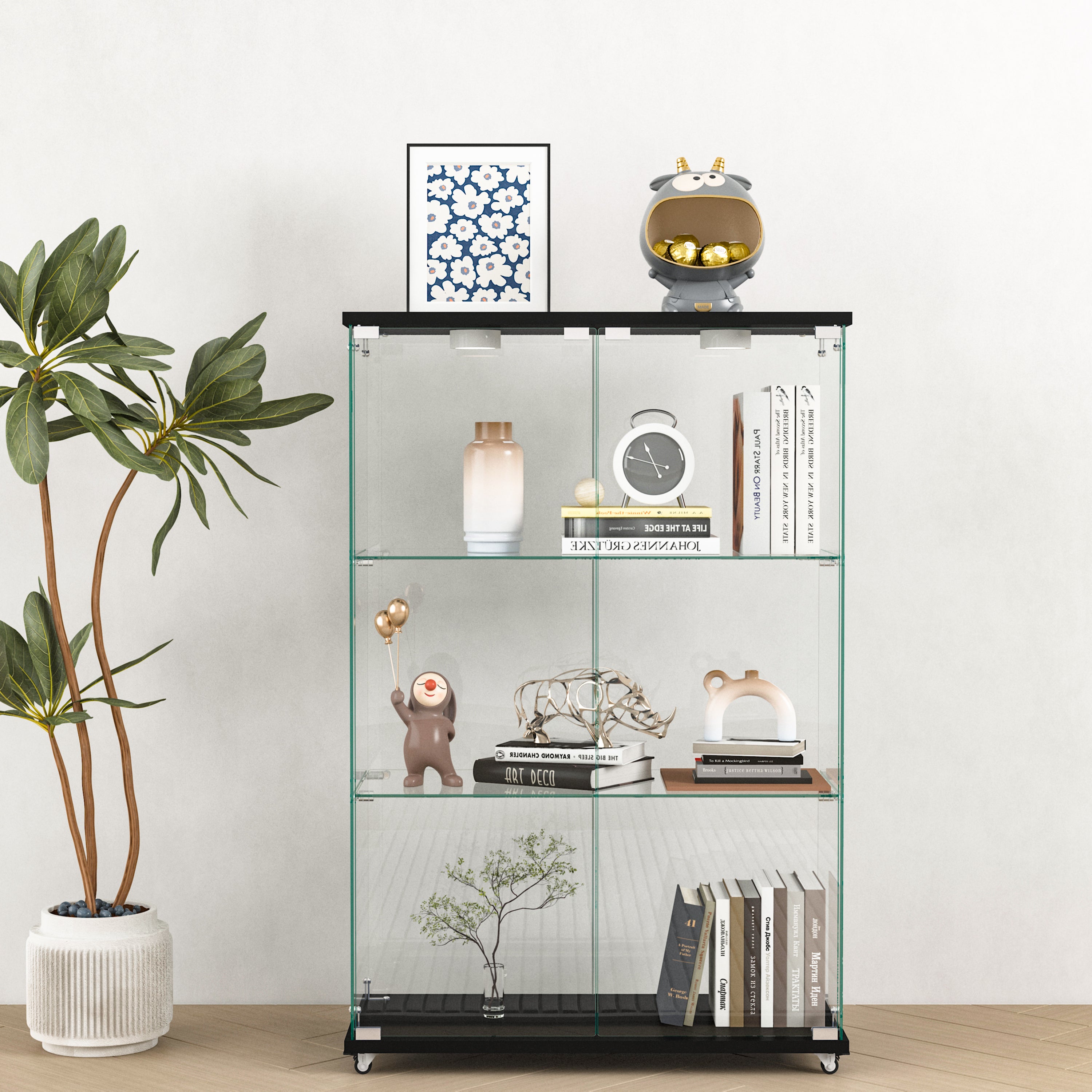 Modern Glass Bookcase, 2 Doors, LED Lighting, 47.9 in Tall, 32.1 in Wide