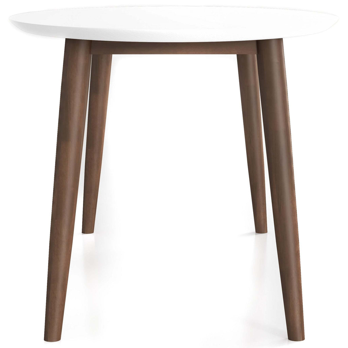 White-top oval dining table, end-on view showing the walnut legs, white studio