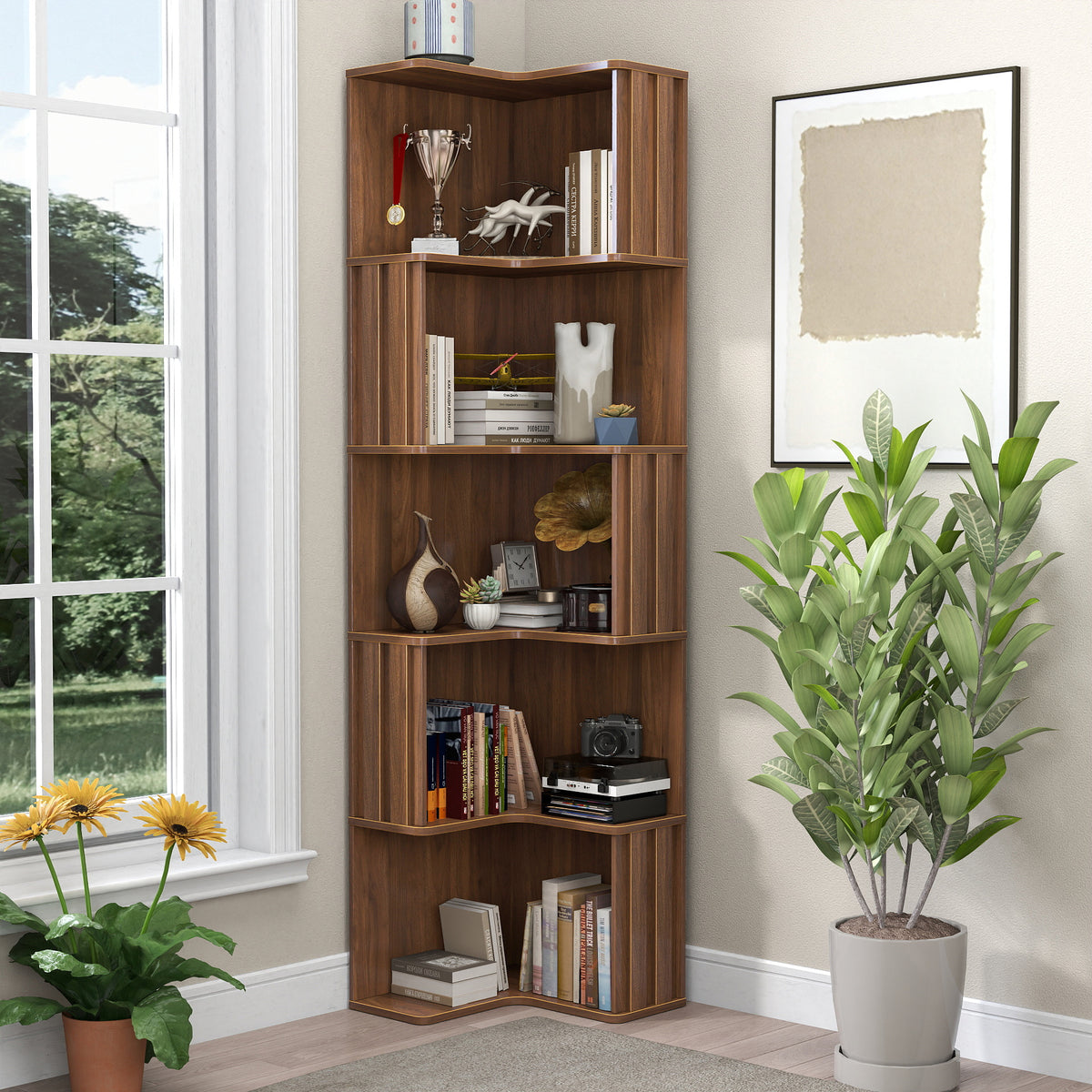 Bookcase, 5 Shelves, L-Shaped, 68.9 in Tall, Walnut