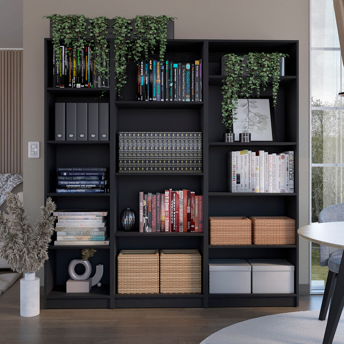 Modern Bookcase, 14 Shelves, 71.1 in Tall, Black