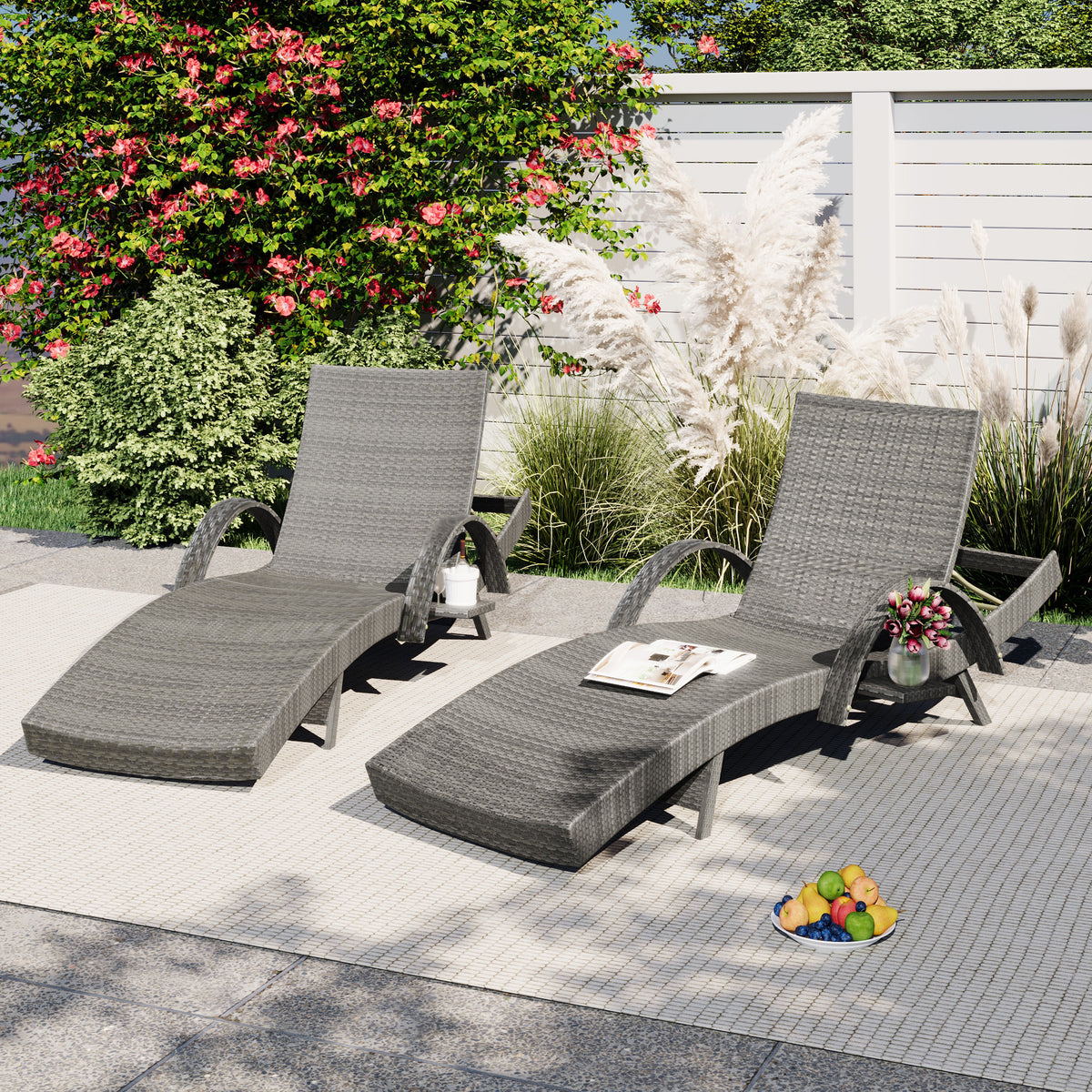 Gray Wicker Adjustable Outdoor Chaise Lounge, Set of 2
