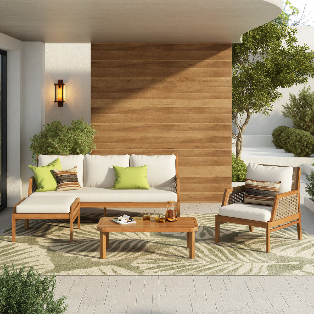 Teak Finish Solid Wood 4-Piece Outdoor Sofa Set with Cream Cushions