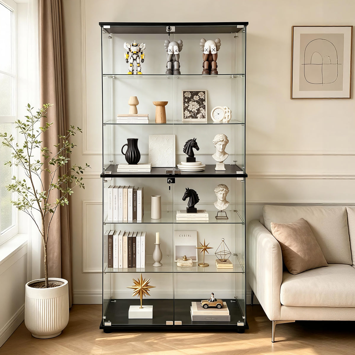 Glass Bookcase, 6 Shelves, Locking, 71.9 in Tall, Black