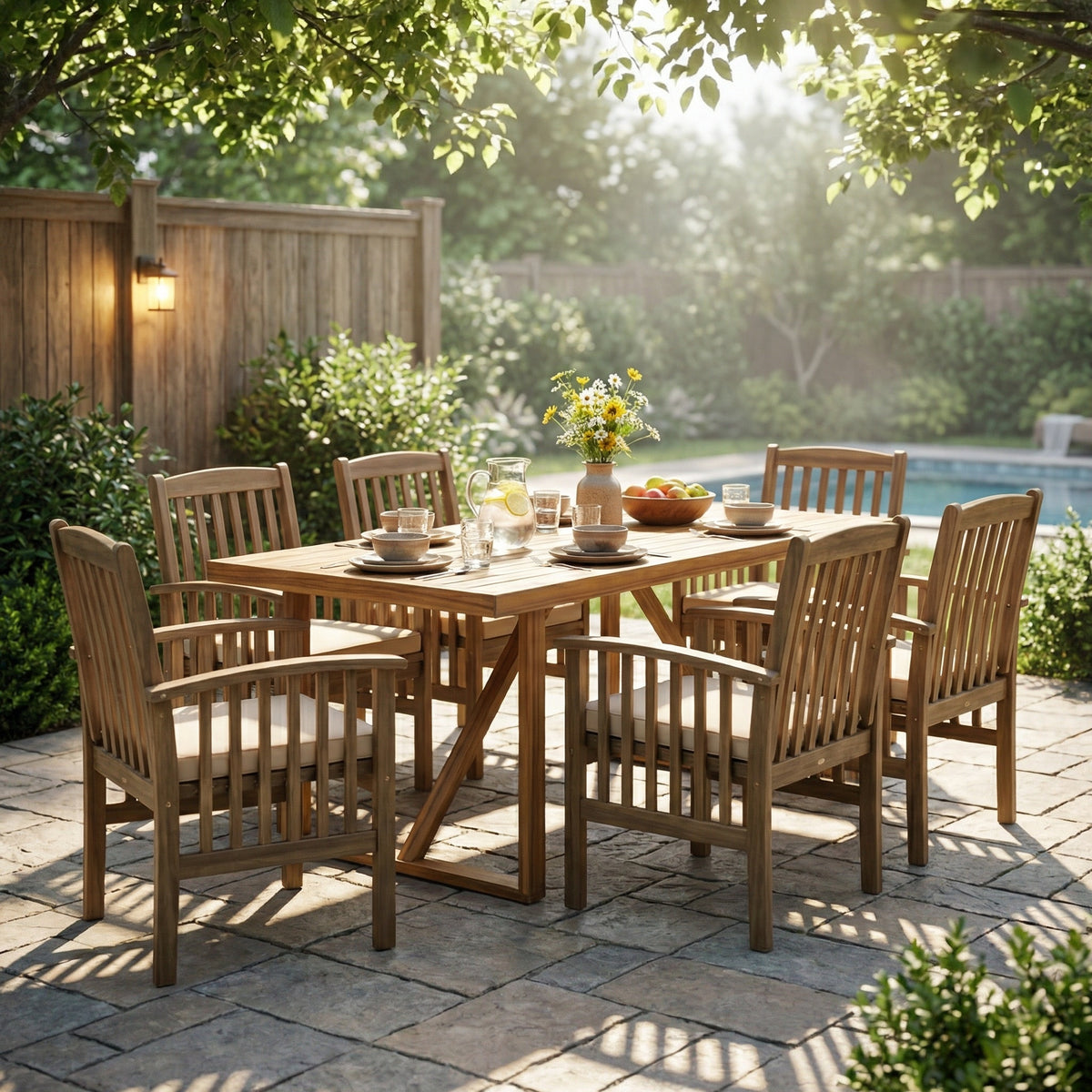 Solid Wood 7-Piece Patio Dining Set for 6 with Cushions, Gray and Teak