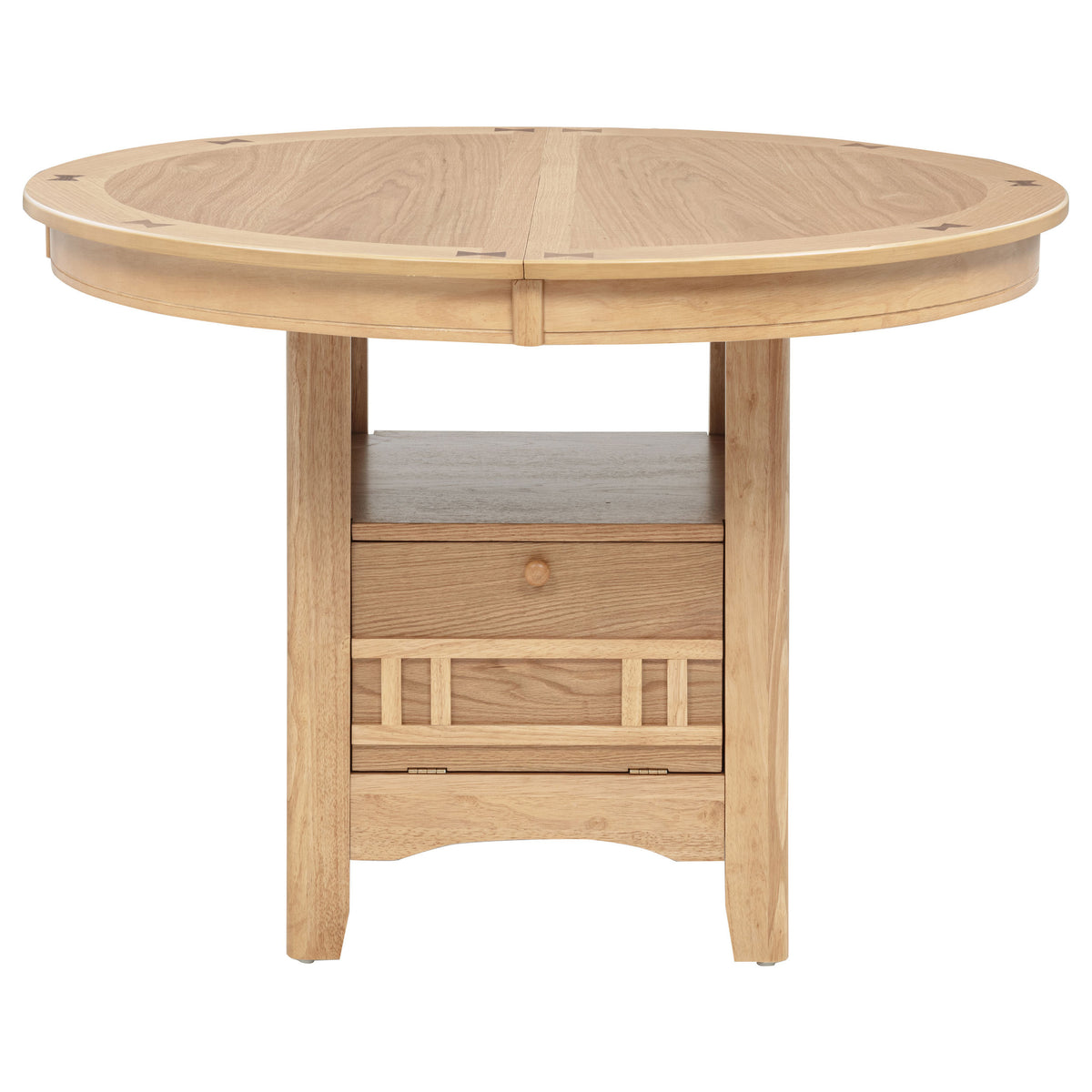 Light oak round dining table, front elevation on white studio background