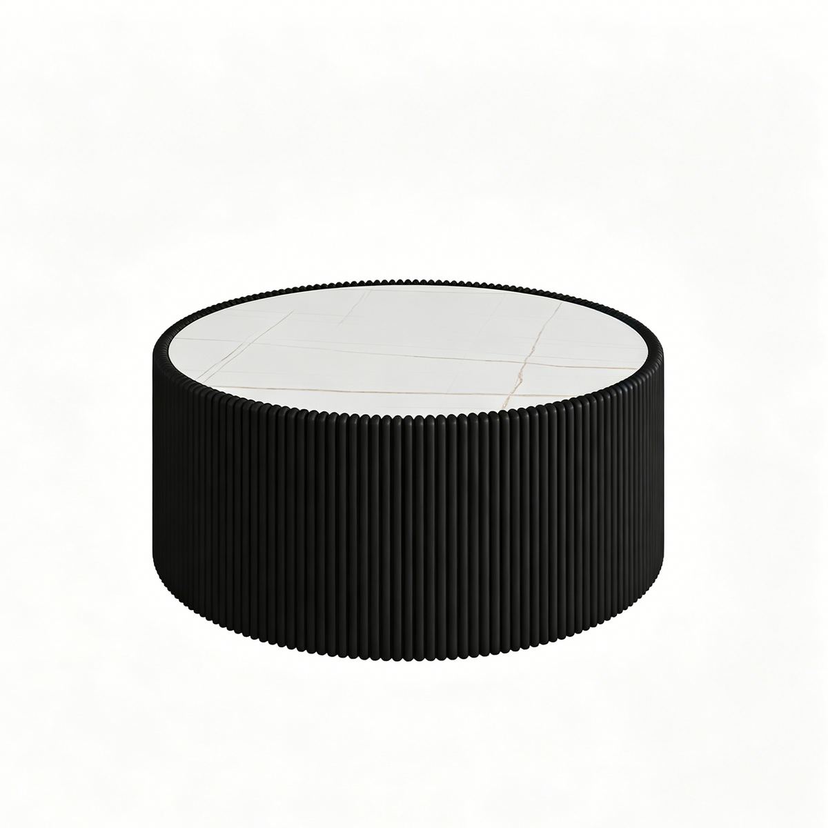 Black Sintered Stone Fluted Drum Coffee Table, 29.5 in