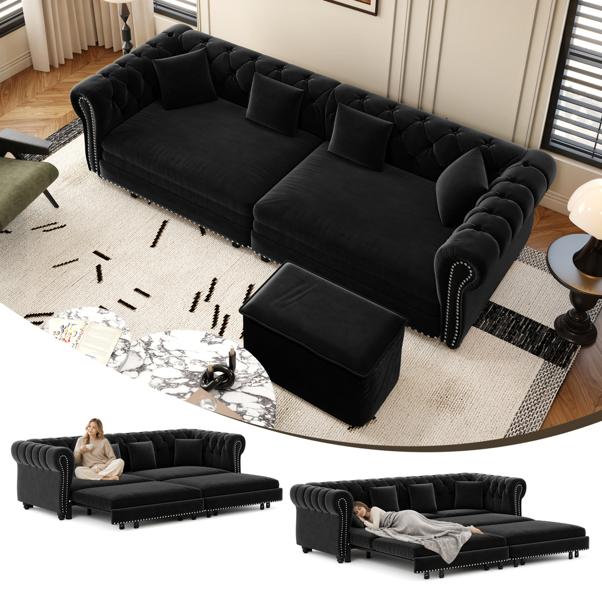 Black Tufted Velvet 3-Seat King Sleeper Sofa with Ottoman, 89 in Wide