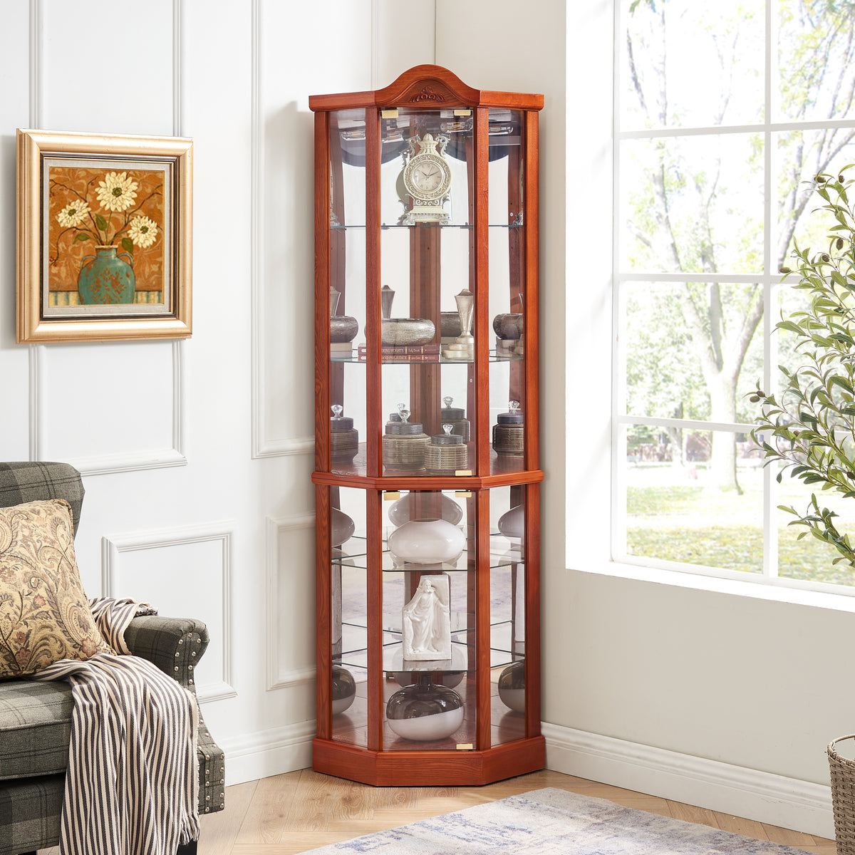 Lighted Corner Curio Cabinet with Glass Doors, 72 in, Oak