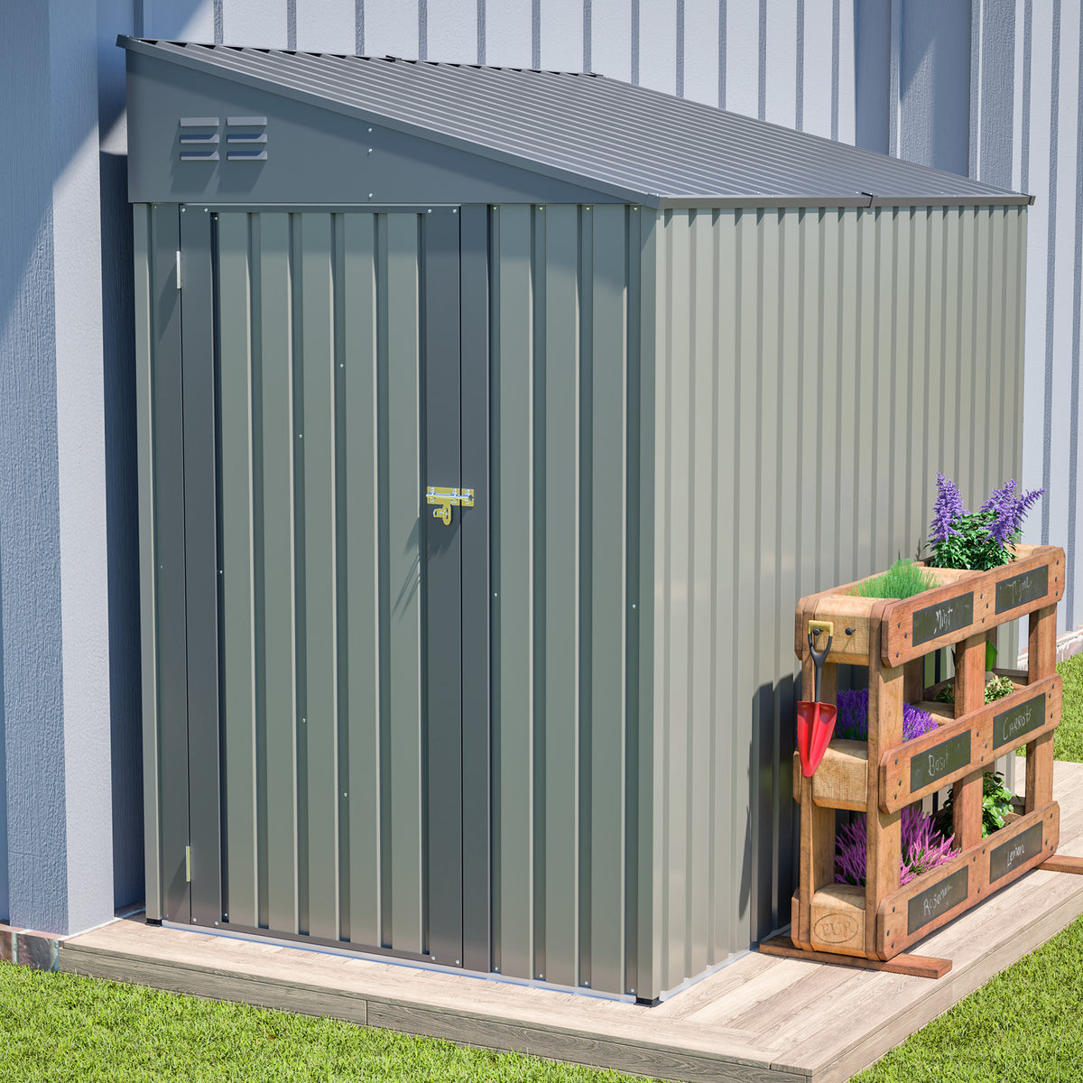 4x7 ft Olive Gray Metal Lean-To Storage Shed