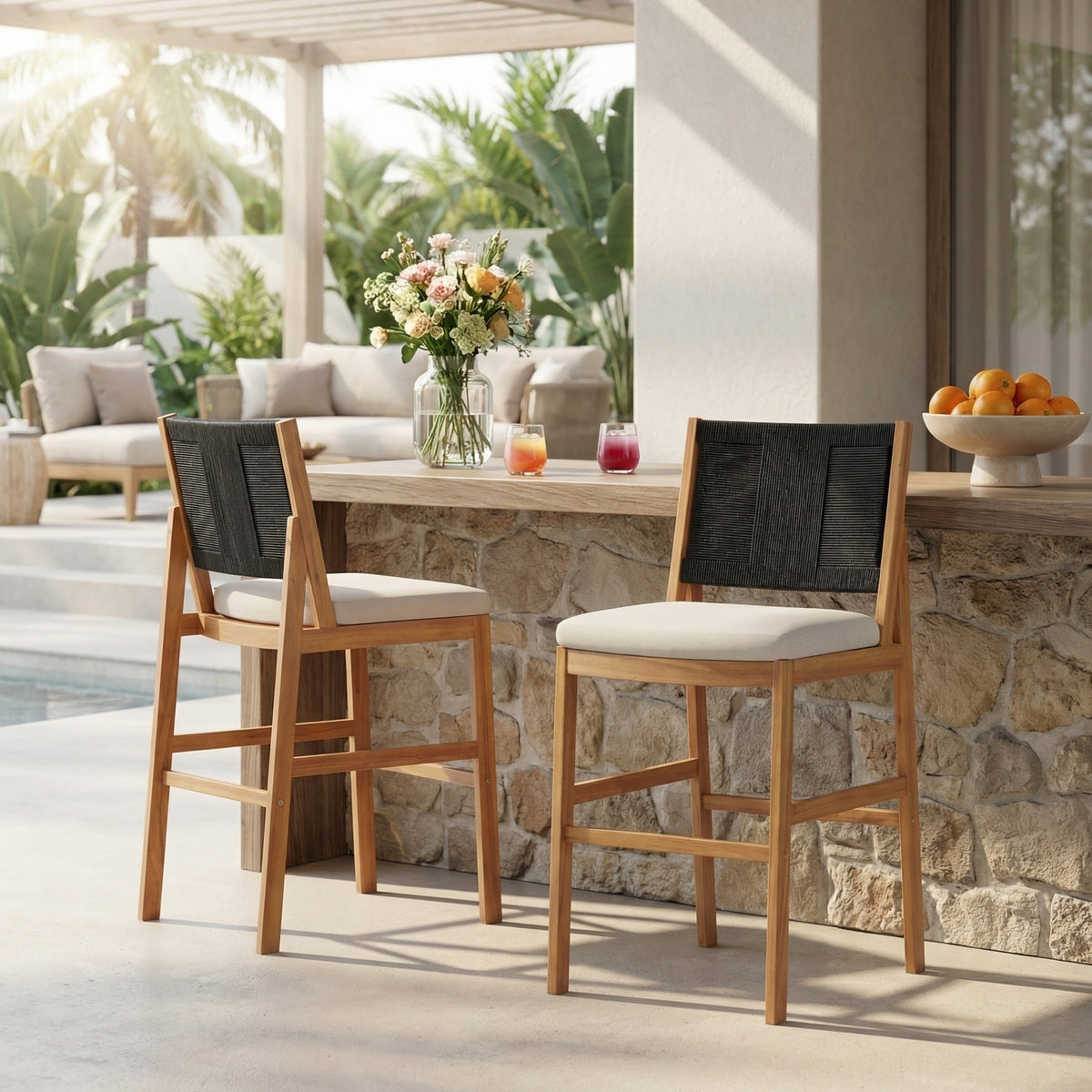 Teak Finish Solid Wood Outdoor Bar Stool with Cream Cushions, Set of 2
