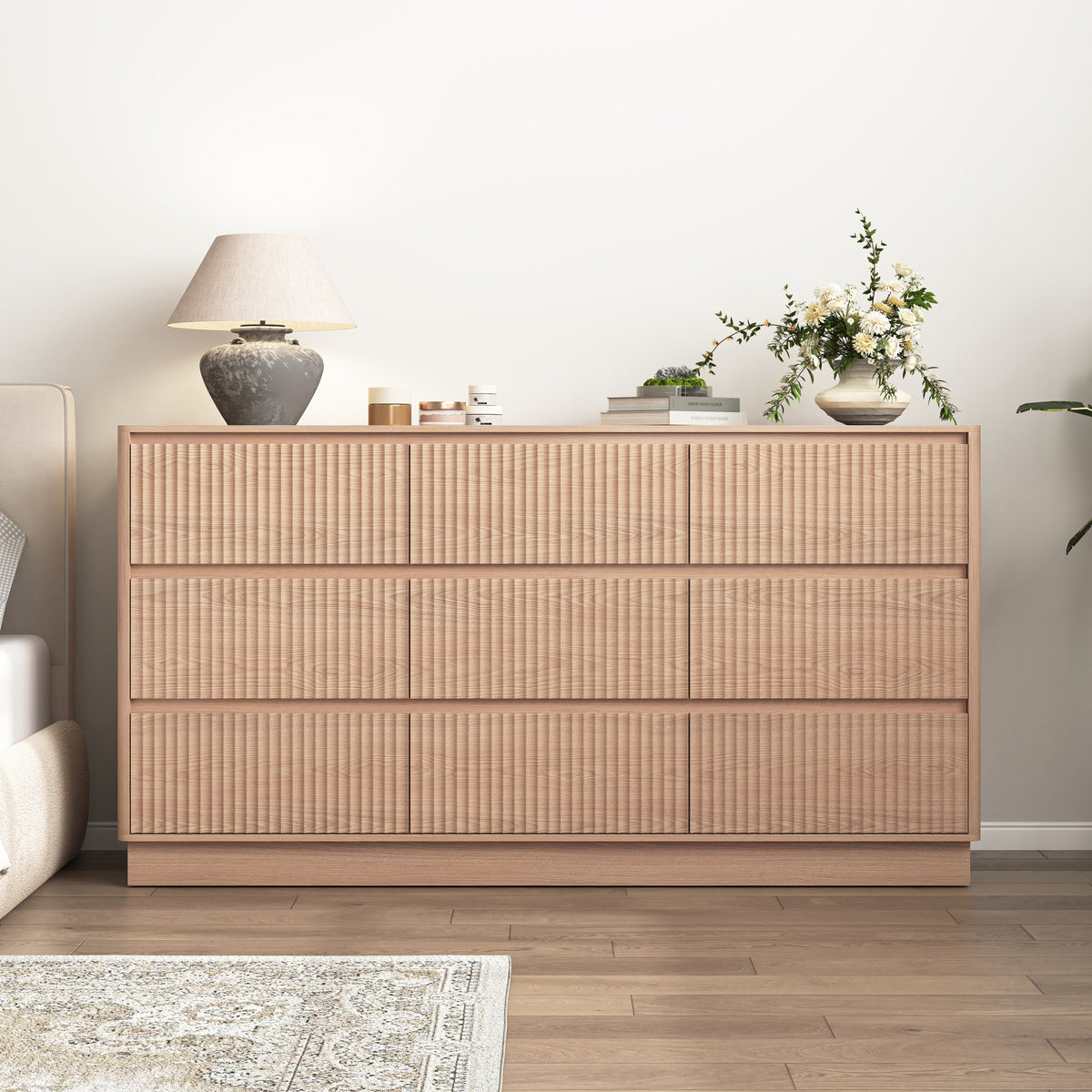 Mid Century 9 Drawer Dresser, 59in Wide, Natural