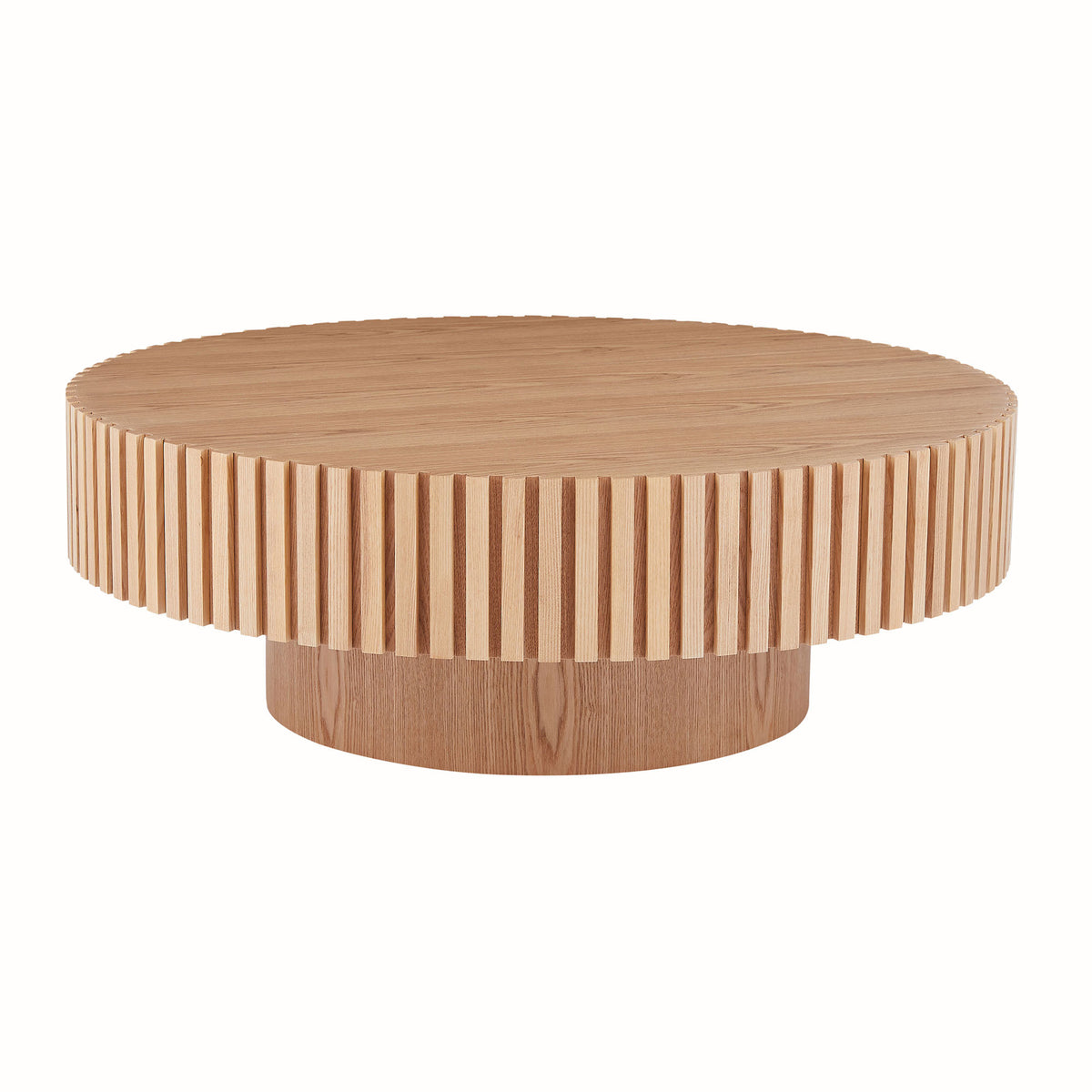 Natural Slatted Round Pedestal Coffee Table, 31.5 in