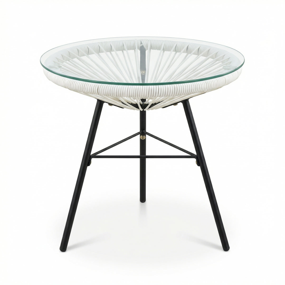 White Wicker Round Outdoor Side Table, Glass Top
