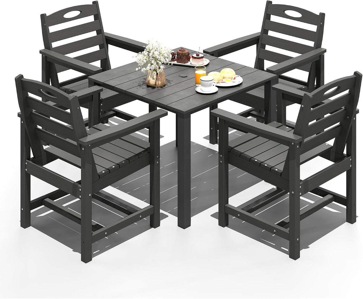 Gray HDPE 5-Piece Patio Dining Set with Umbrella Hole