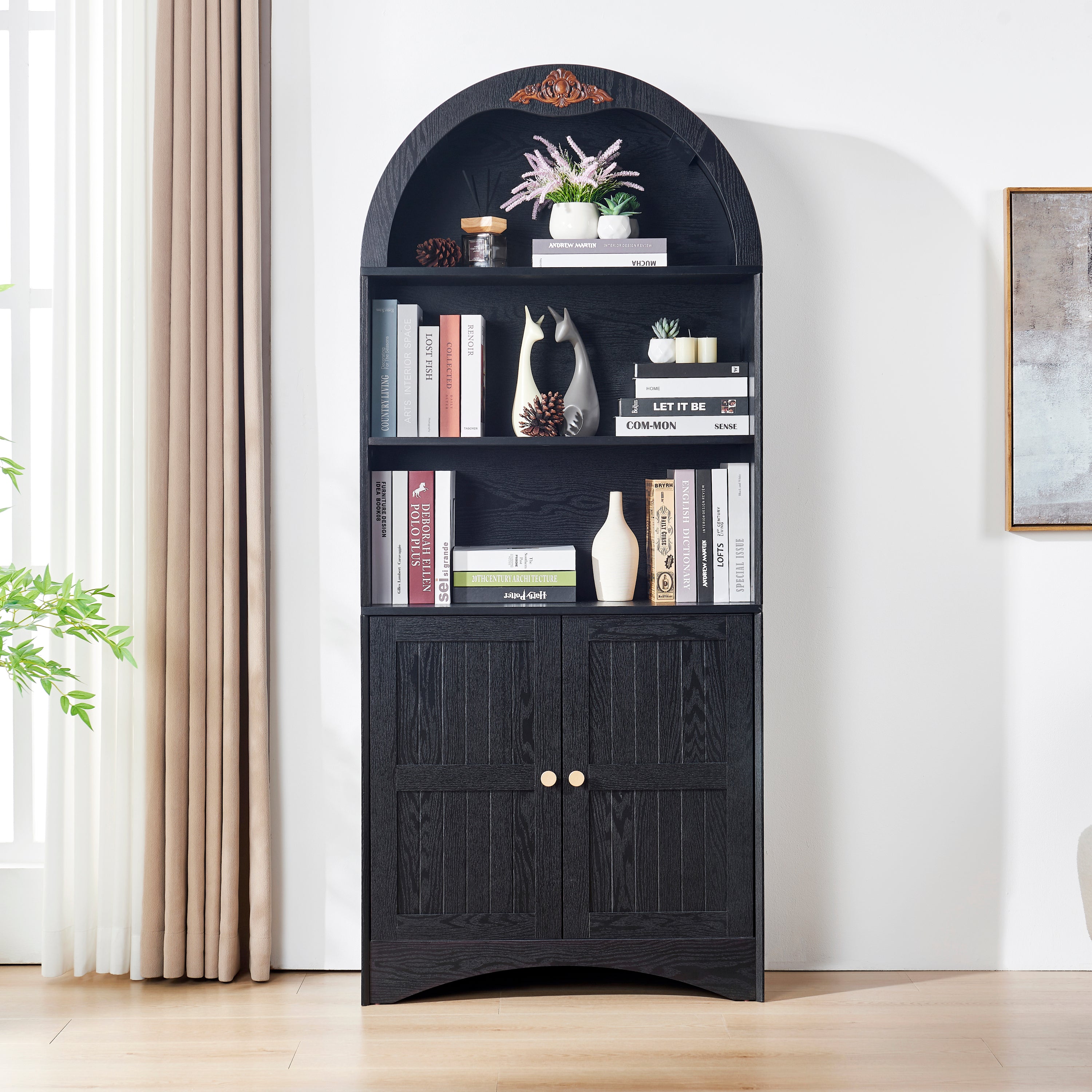 Arched Storage Cabinet, Adjustable Shelves, 70.9 in Tall, Black
