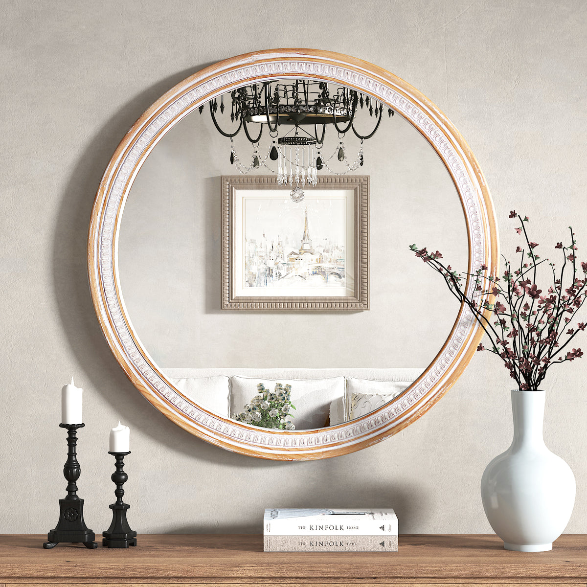 30 Inch Round Farmhouse Vanity Mirror, Antique White Wood