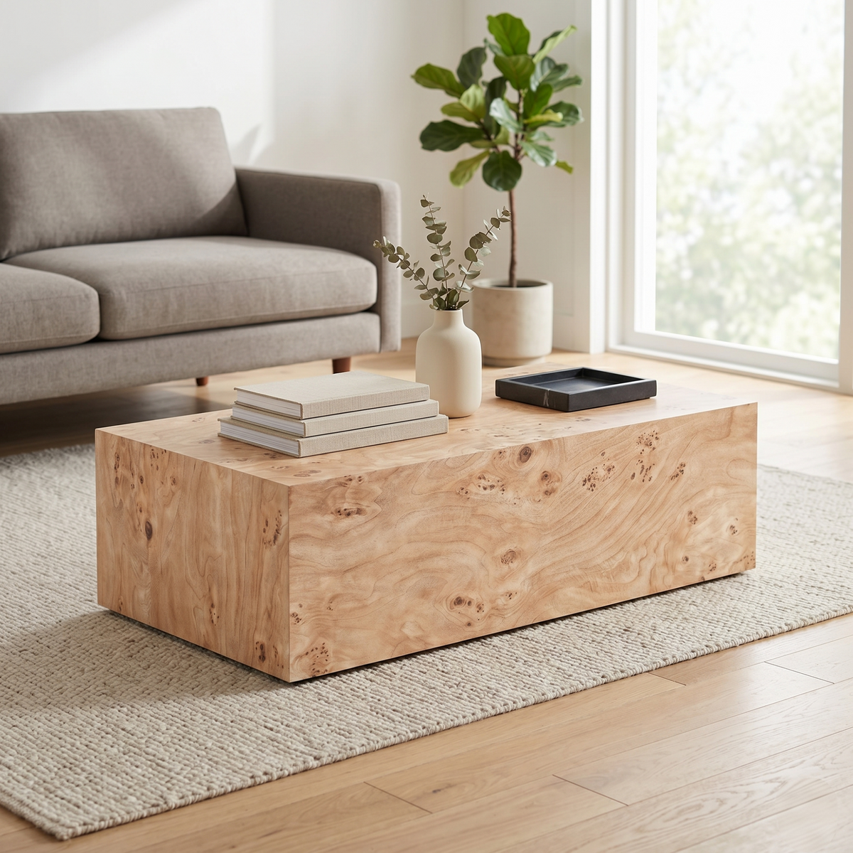 Natural Burl-Look Rectangular Plinth Coffee Table, 39.4 in