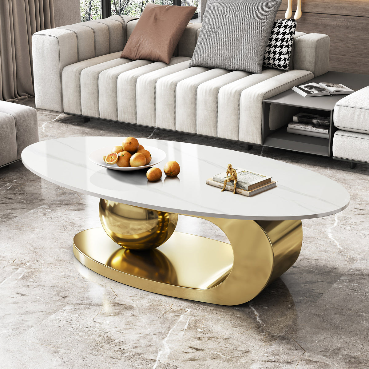 White Sintered Stone Oval Coffee Table with Gold Ball Base, 49.2 in