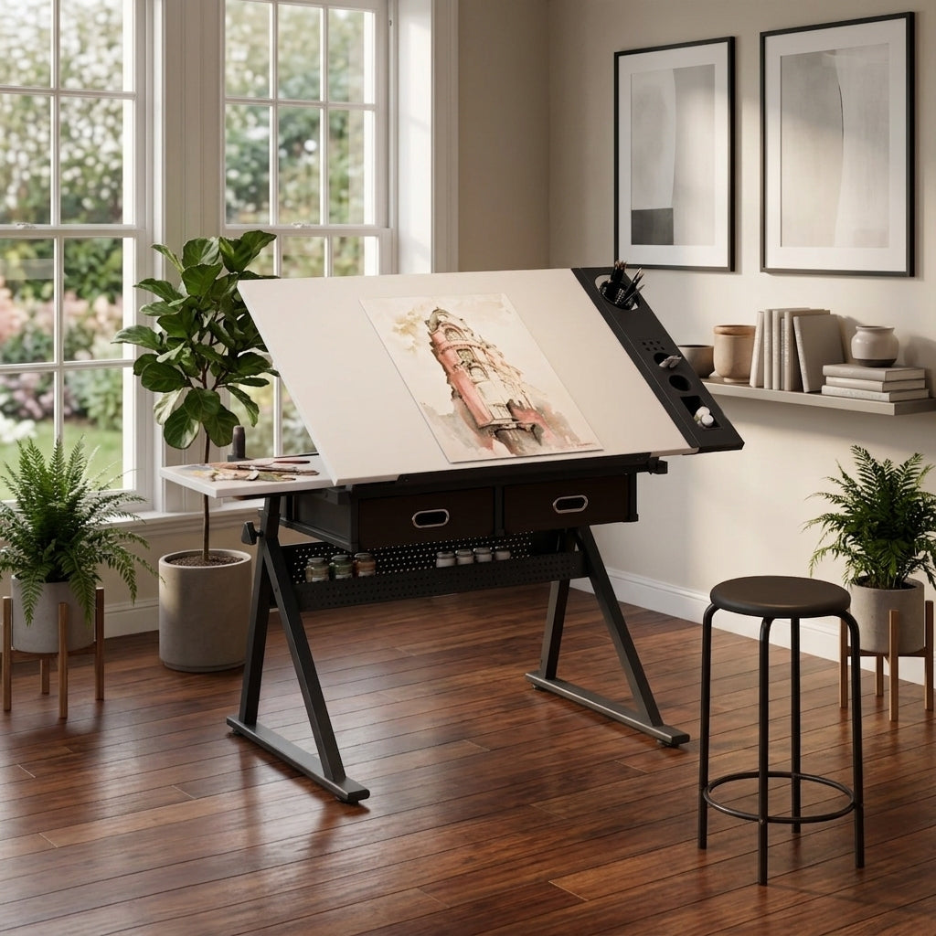 Drafting Table, 2 Drawers, White