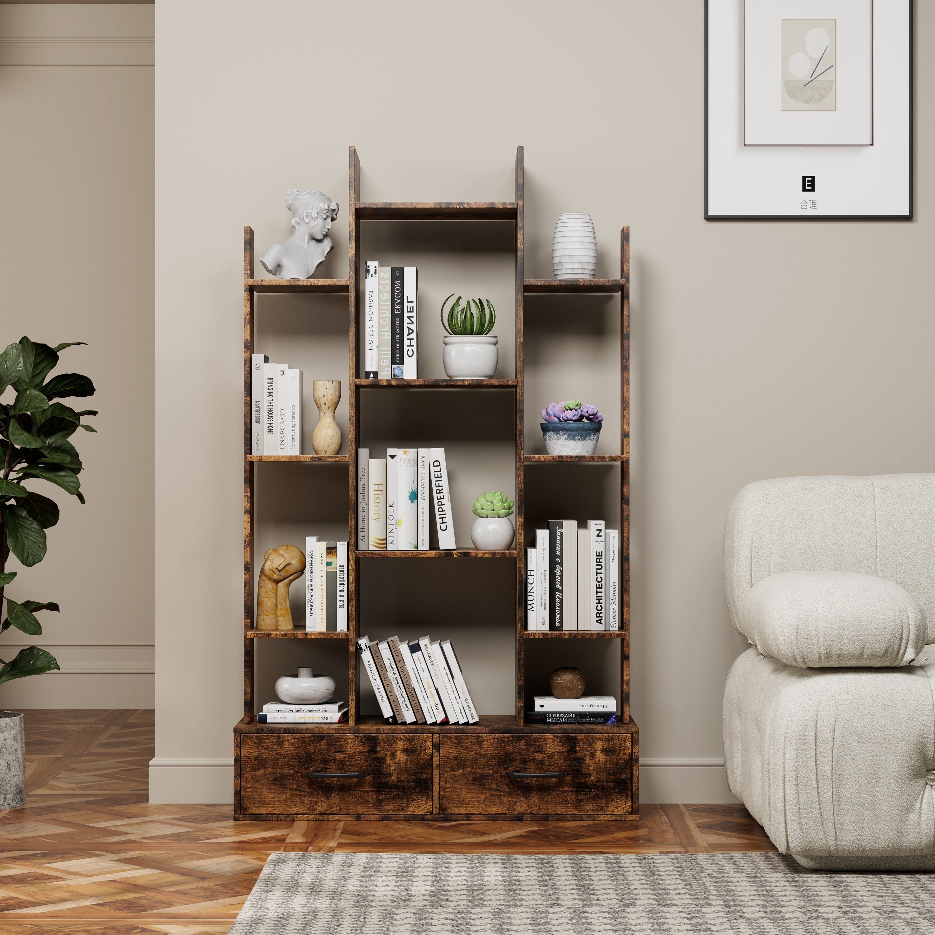 Industrial Metal Bookcase, 4 Drawers, 55.3 in Tall, Rustic Brown