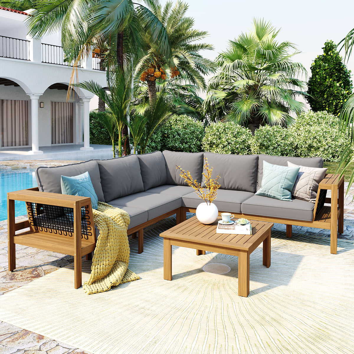 Natural Solid Wood 4-Piece Outdoor Sofa Set for 6 with Cushions