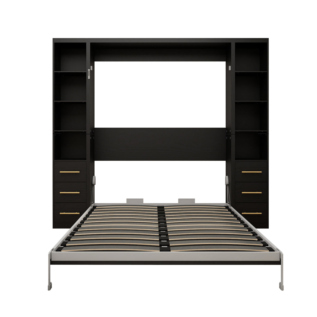 Full Size Murphy Bed with Storage Shelves, Black