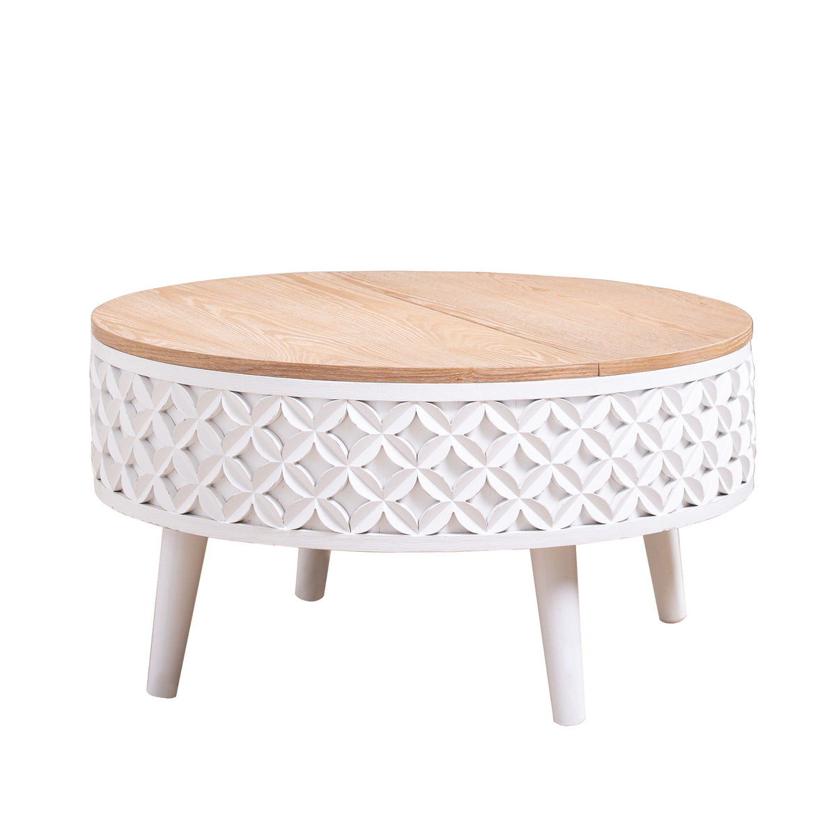 White and Natural Carved Boho Round Lift-Top Coffee Table, 31.5 in