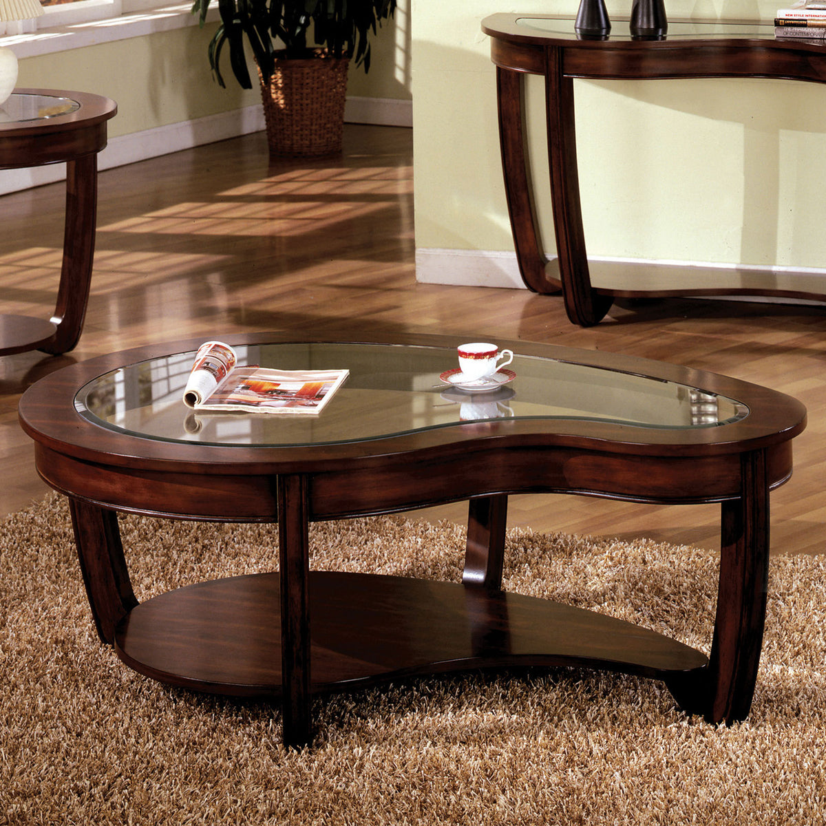 Cherry Kidney-Shaped Glass-Top Coffee Table with Shelf, 51 in