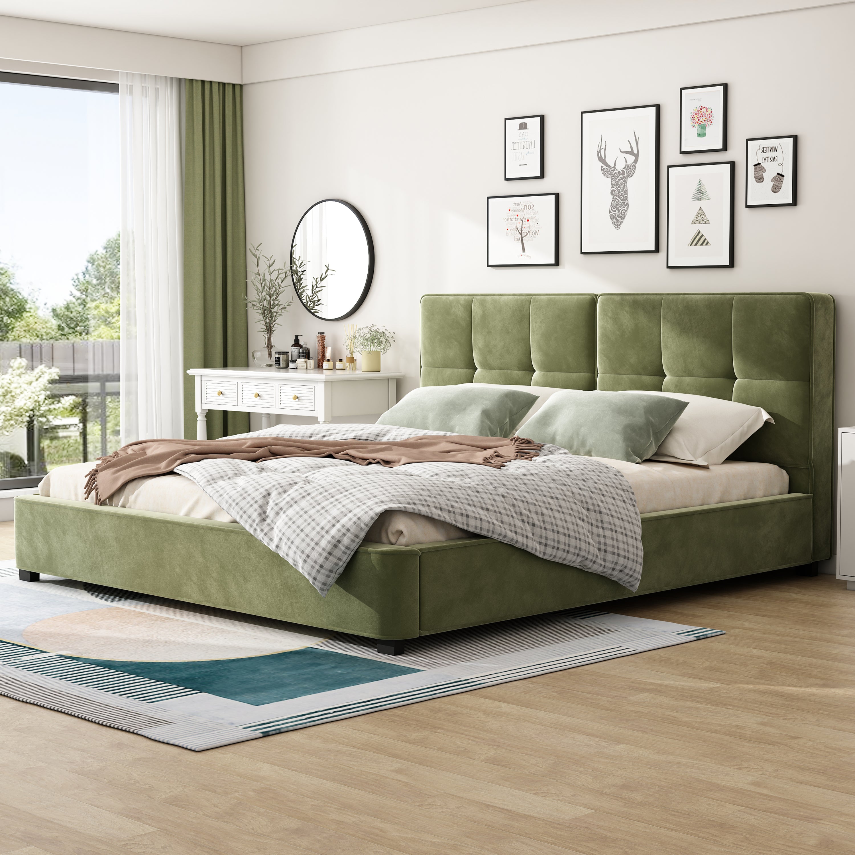 Olive green velvet king bed frame with tufted headboard in a bright bedroom