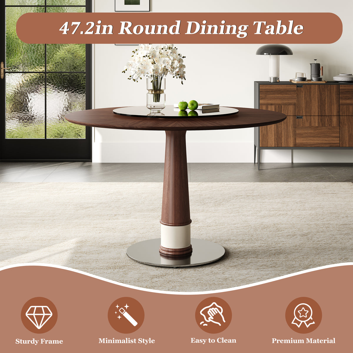 Feature graphic titled 47.2 inch round dining table with sturdy, minimalist and easy-clean icons