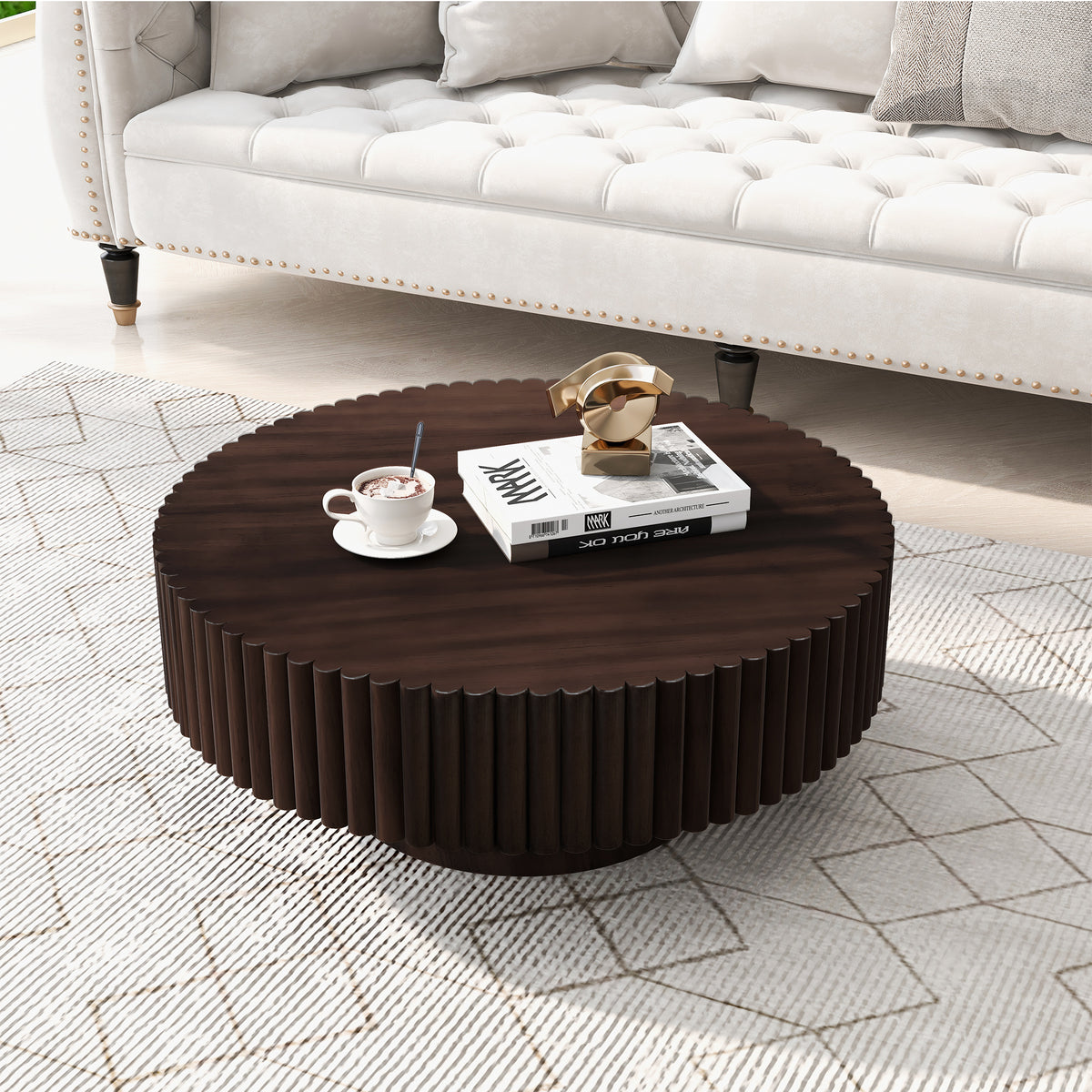Espresso Fluted Round Drum Coffee Table, 31.5 in
