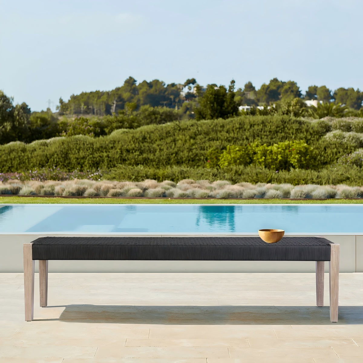 Solid Wood Outdoor Dining Bench with Charcoal Rope Seat, 71 in Wide