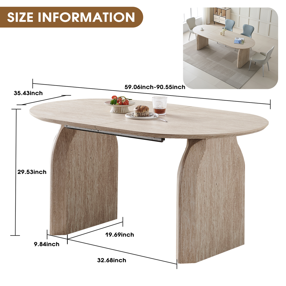 Size diagram of the oval extendable table showing 59 to 90in length, 35.43in width, 29.53in height