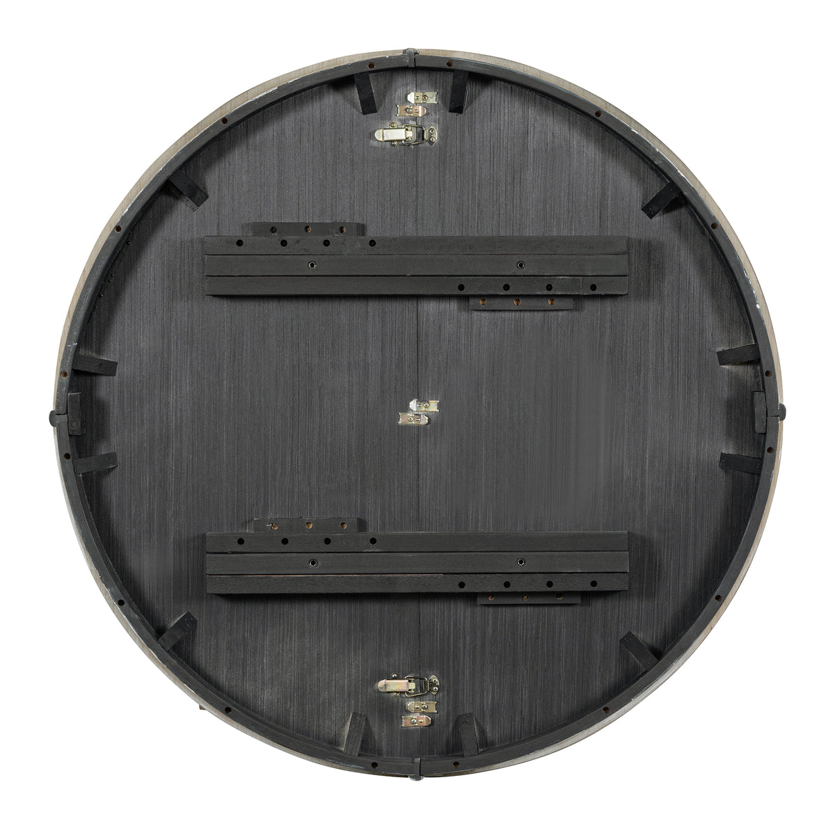 Underside of the round tabletop showing hardware and metal latches