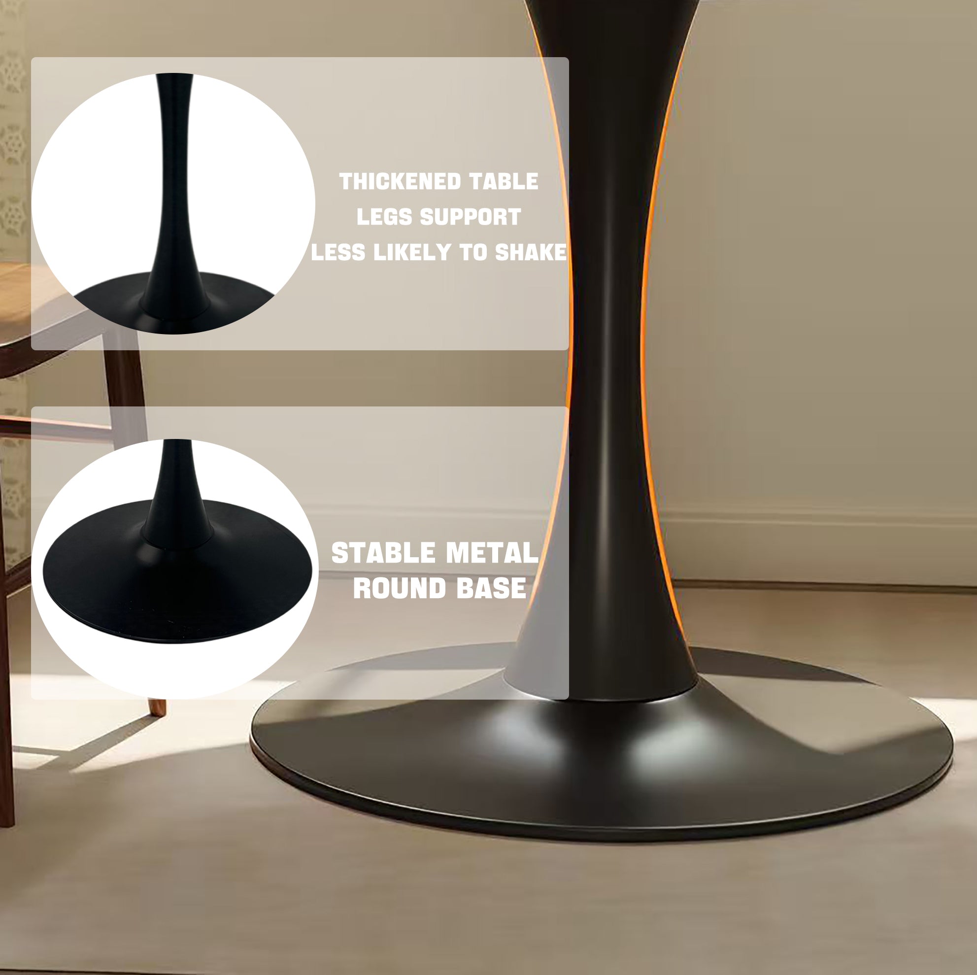Feature graphic of the black tulip pedestal base with insets of thickened legs and stable metal round base