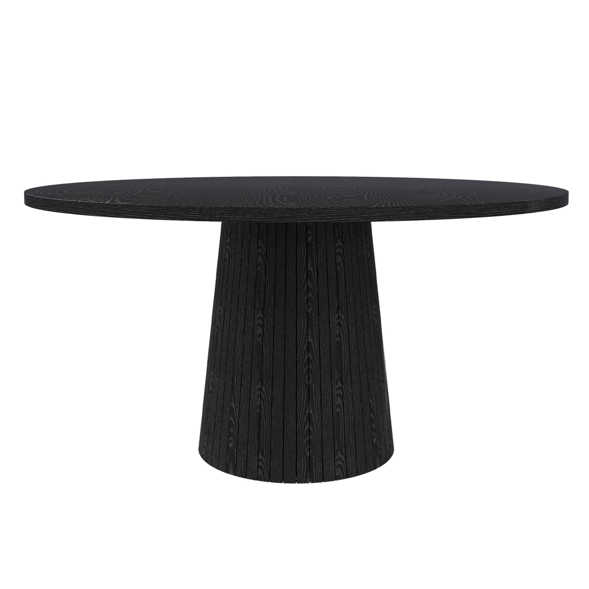 Black round farmhouse dining table with slatted conical base, front view on a white studio background