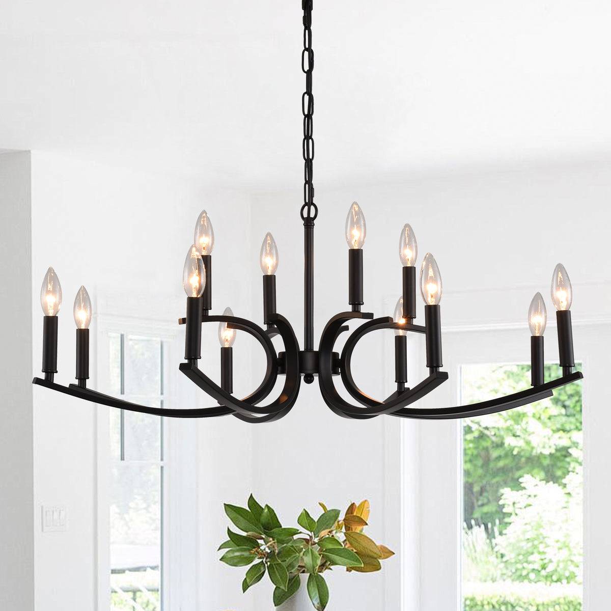 Matte Black Farmhouse 12-Light Chandelier, 35 in, Iron and Metal