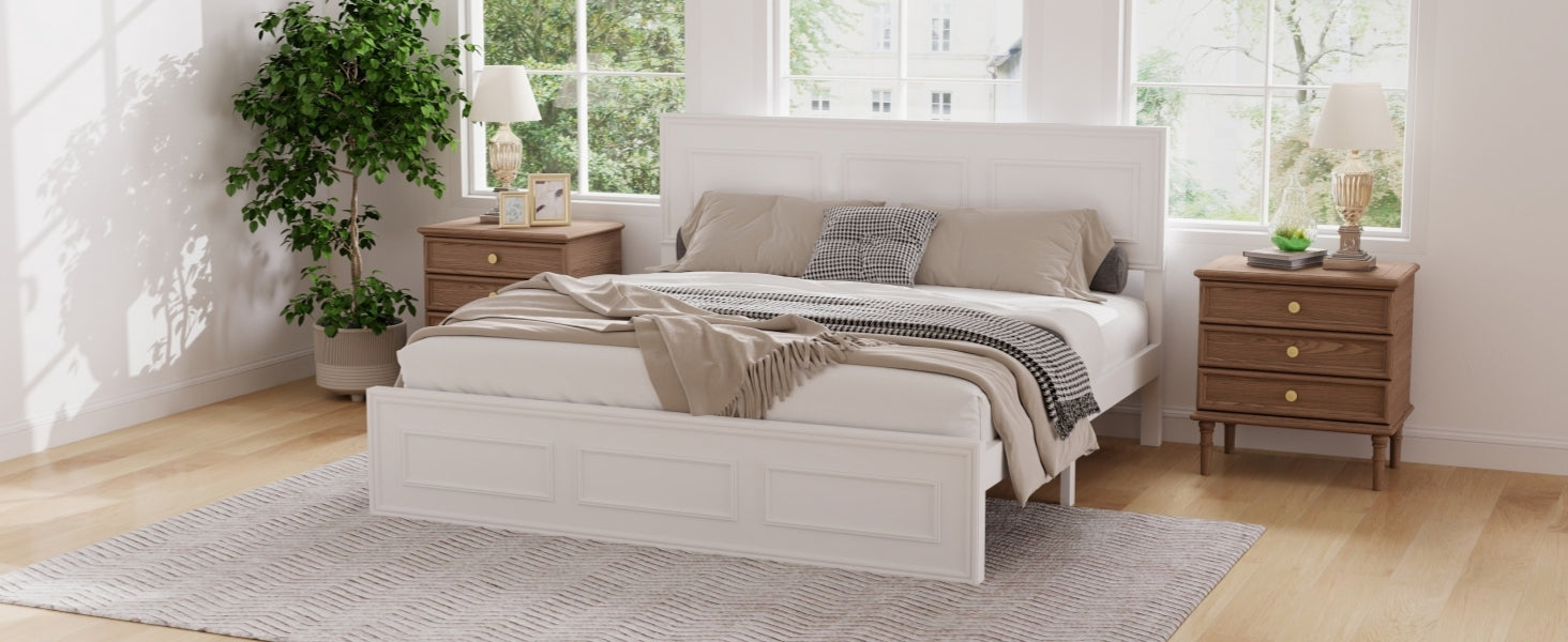 Angled room shot of the white panel queen bed with wood nightstands on each side #Color_White