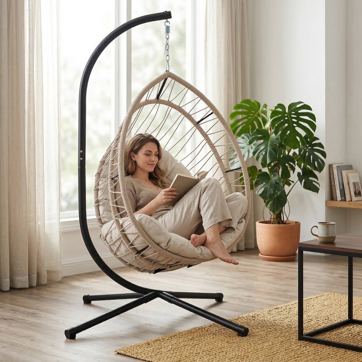 Light Gray Rope Hanging Egg Chair with Stand