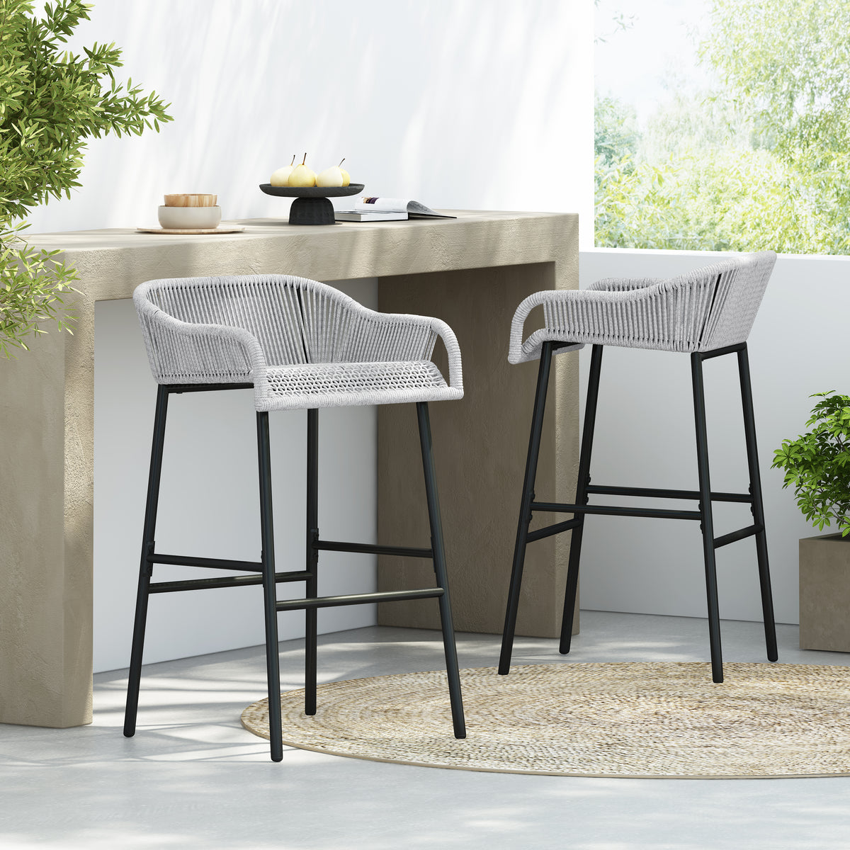 Black Metal Outdoor Bar Stool with Light Gray Rope Seat, Set of 2