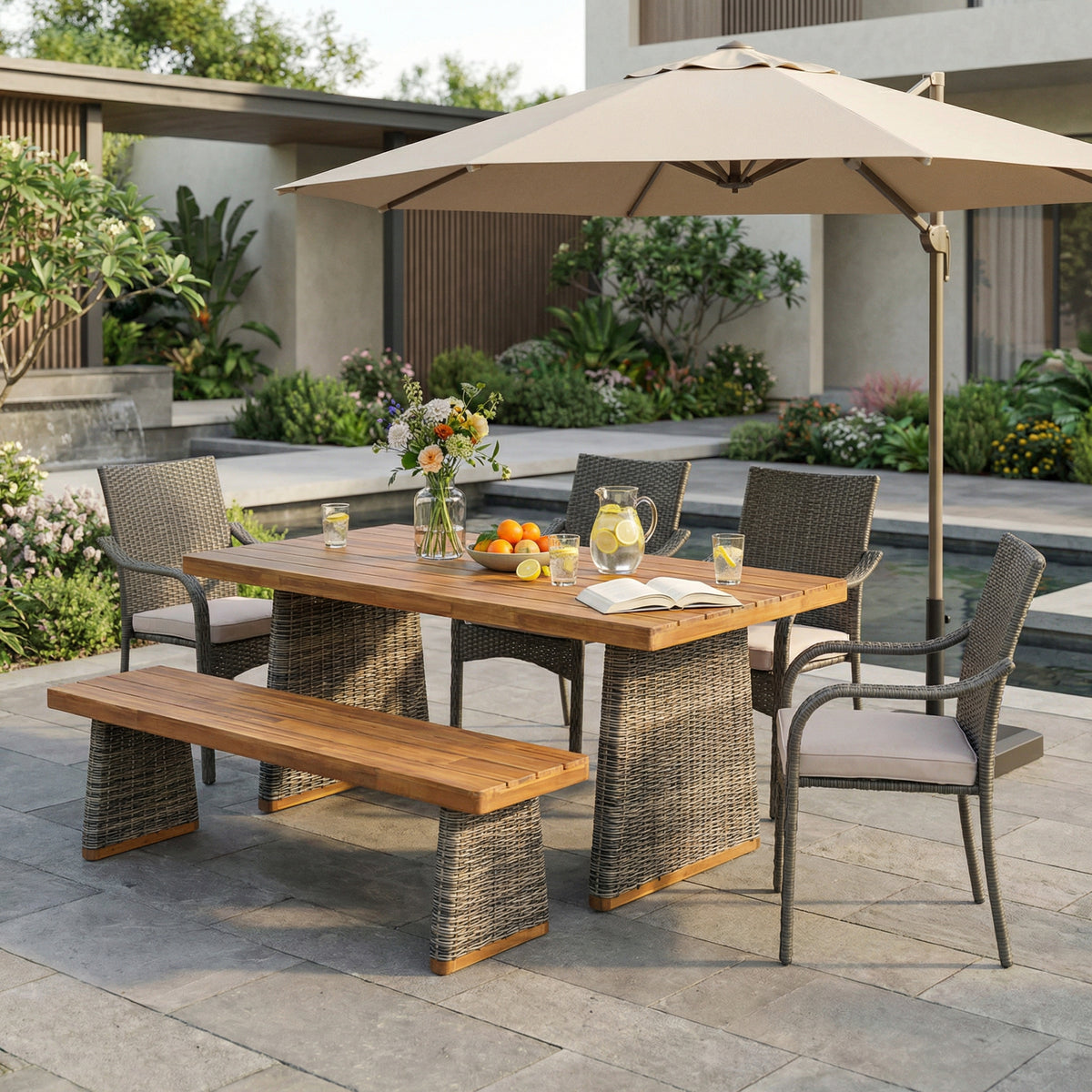 Teak Finish Solid Wood 6-Piece Patio Dining Set