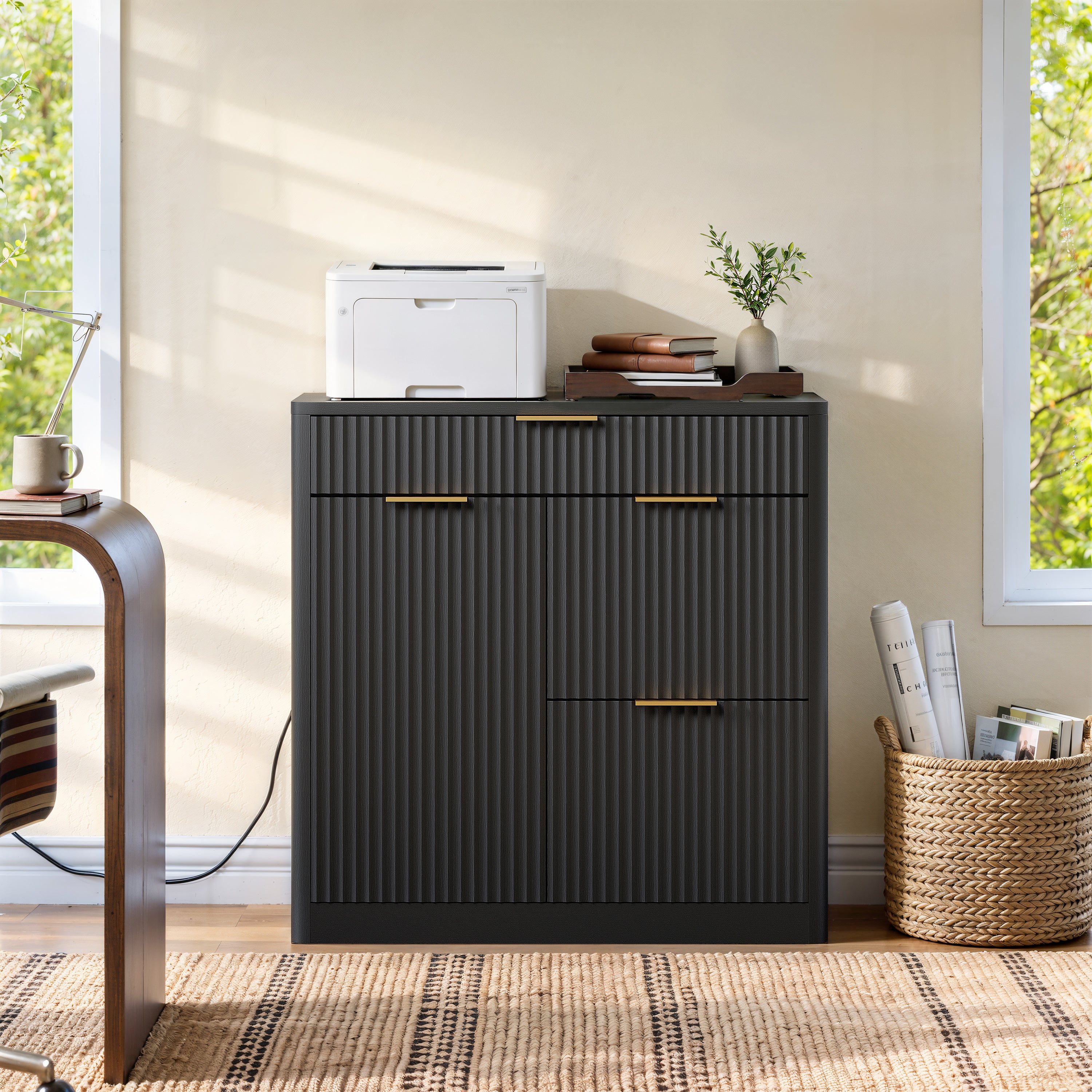 Fluted Metal File Cabinet, 31.5 in, Black