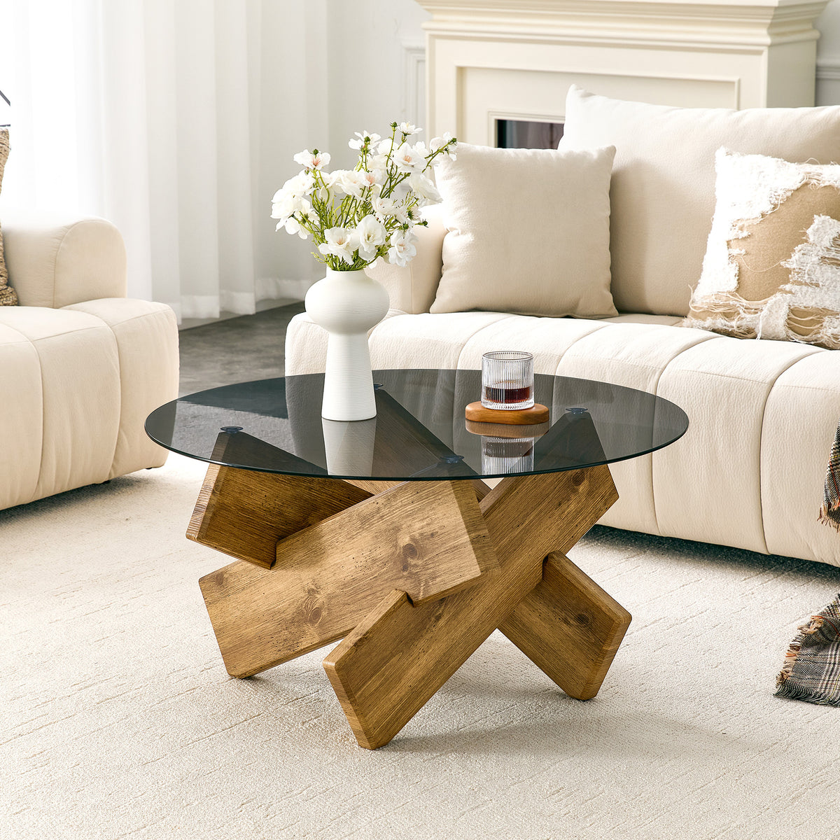 Gray Glass-Top Geometric Round Coffee Table, 33.4 in